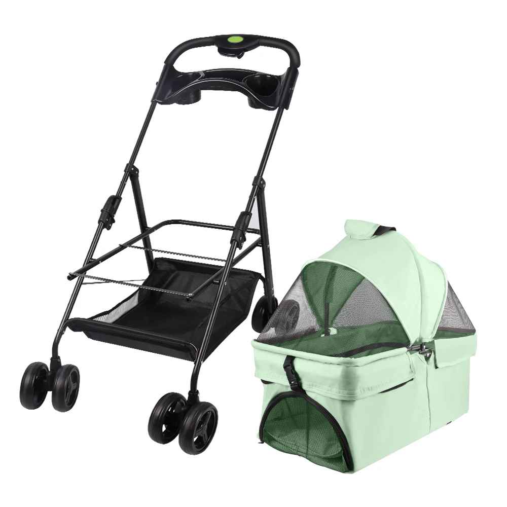 Poussette pour chien Chléo vert menthe montrant le panier amovible séparé de son chùssis noir pliable avec porte-gobelet intégré.