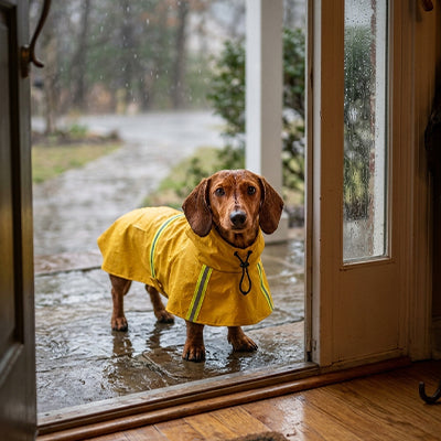 Chien Teckel portant le manteau imperméable Juliette jaune, debout sur le seuil d'une porte ouverte par temps de pluie, illustrant la protection contre les intempéries.