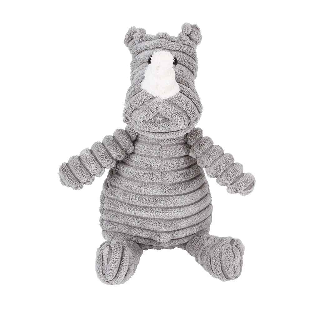 Peluche pour chien rhinocéros en velours cÎtelé gris, jouet résistant et sonore pour la mastication et le jeu.