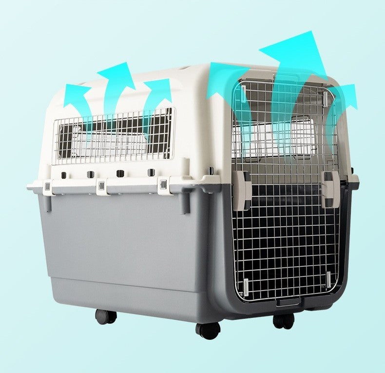 Schéma de ventilation de la caisse de transport Le Transporteur montrant la circulation d'air optimale à travers les grilles métalliques latérales et frontale.