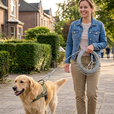Femme souriante en ville tenant une bobine de longe en acier blanc pour son Golden Retriever, illustrant la facilité de rangement et le contrÎle lors des balades urbaines.