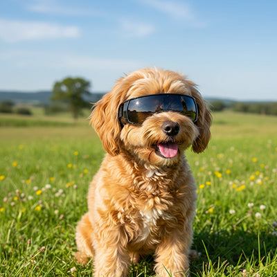 Lunettes de protection pour chien à poil long, modÚle Woof Shades noir avec sangles ajustables, idéal pour prévenir les irritations oculaires en balade, boutique Pitou et moi.