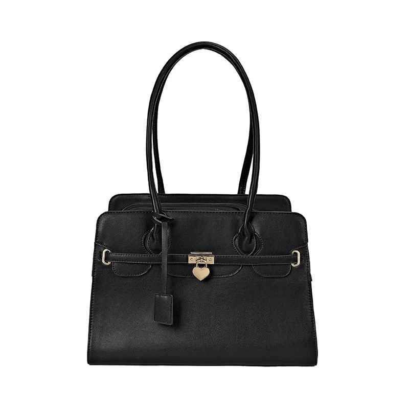Sac de transport pour chien noir en cuir PU, modèle Le Porte Bonheur, avec charms en forme de cœur doré, double anse et fermeture éclair sécurisée