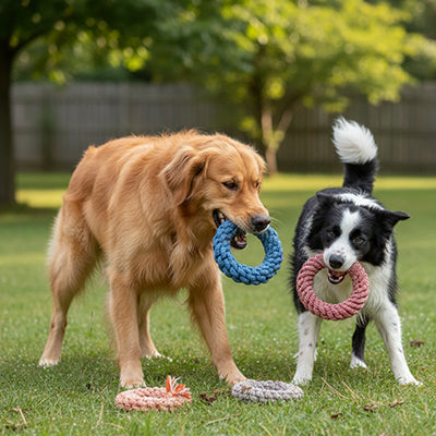Un Golden Retriever avec un anneau bleu et un Border Collie avec un anneau rose, montrant les différentes couleurs des jouets en corde tressée Tuggy.