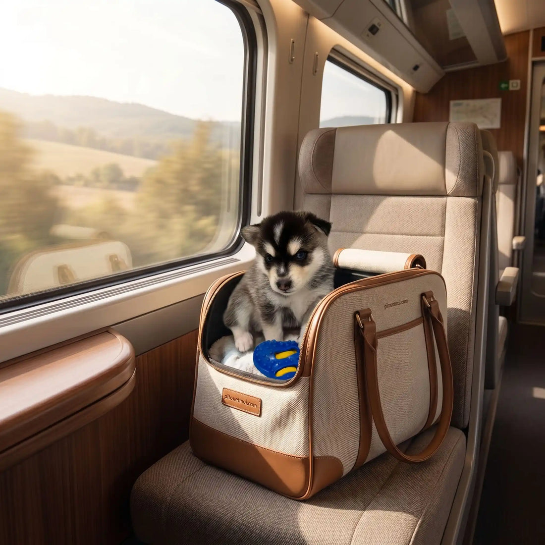 Petit chien de type Husky assis confortablement dans un sac de transport beige et marron, posé sur un siège de train près de la fenêtre.
