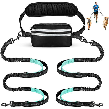 Ensemble complet BananaSplit comprenant un sac banane de sport noir avec bande réfléchissante et deux laisses élastiques turquoises et noires avec poignées de contrôle intégrées.