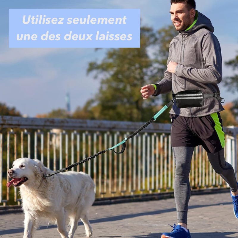 omme faisant du jogging avec un Golden Retriever attaché à une laisse mains libres turquoise reliée à un sac banane de sport noir avec bande réfléchissante.