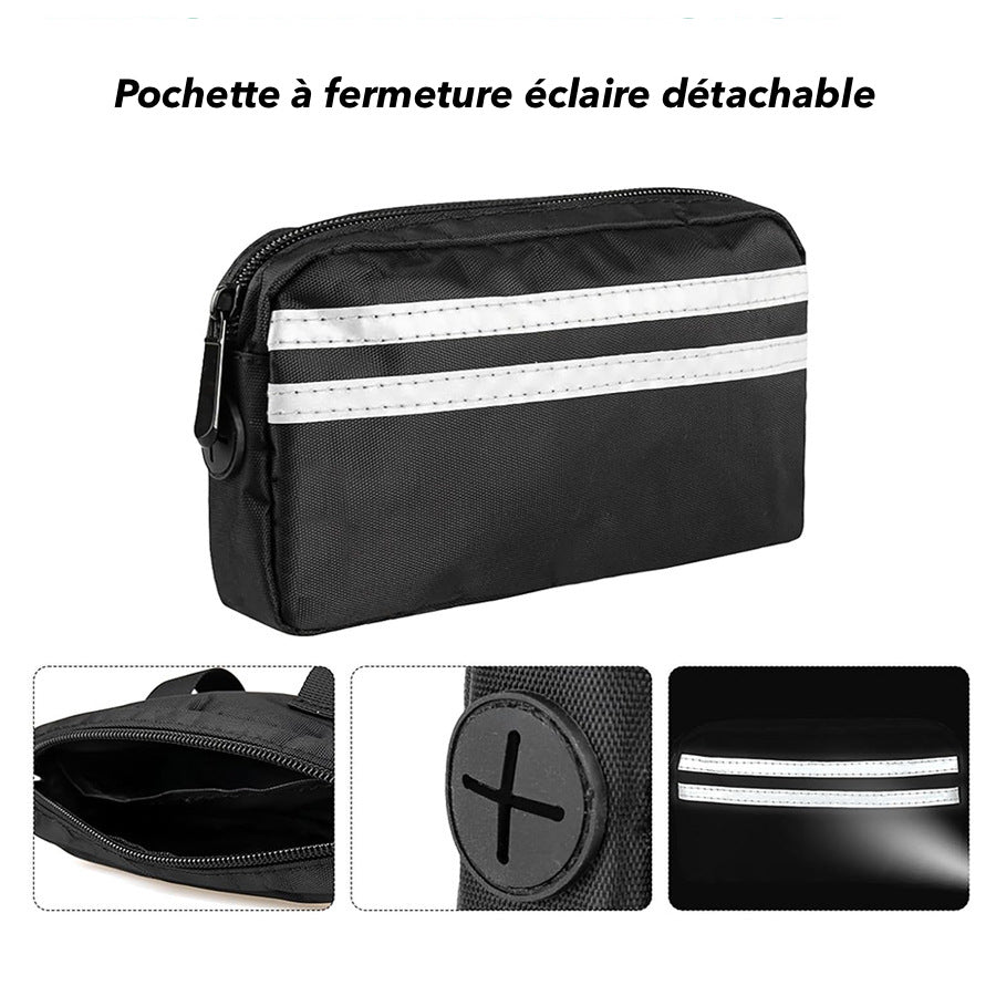 Zoom sur les accessoires de la laisse BananaSplit : une pochette noire détachable à fermeture éclair avec bandes réfléchissantes, un distributeur de sacs à crottes intégré et un compartiment de rangement spacieux.