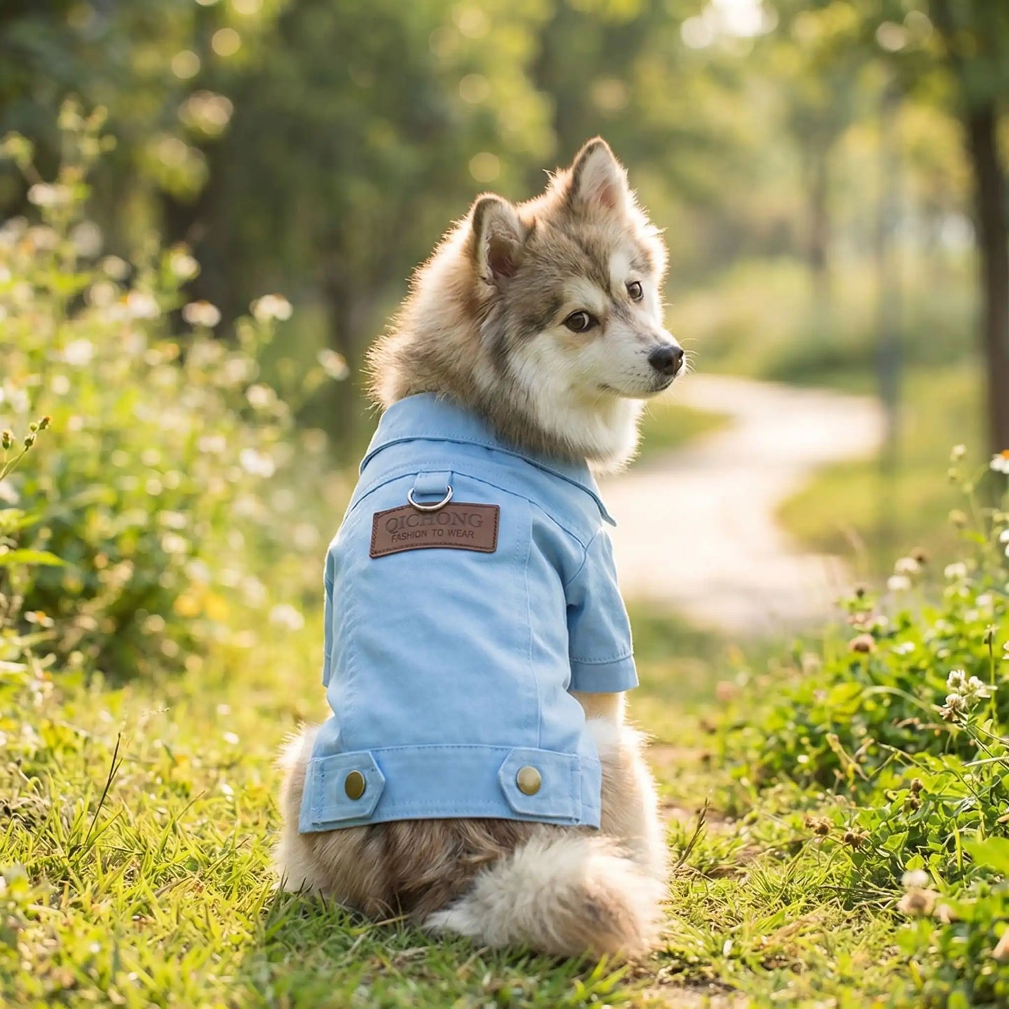 Petit chien de race Pomsky portant le manteau en denim bleu Billie, assis dans l'herbe sous une lumière ensoleillée, montrant le détail de l'écusson dorsal 'QICIONG Fashion to wear.
