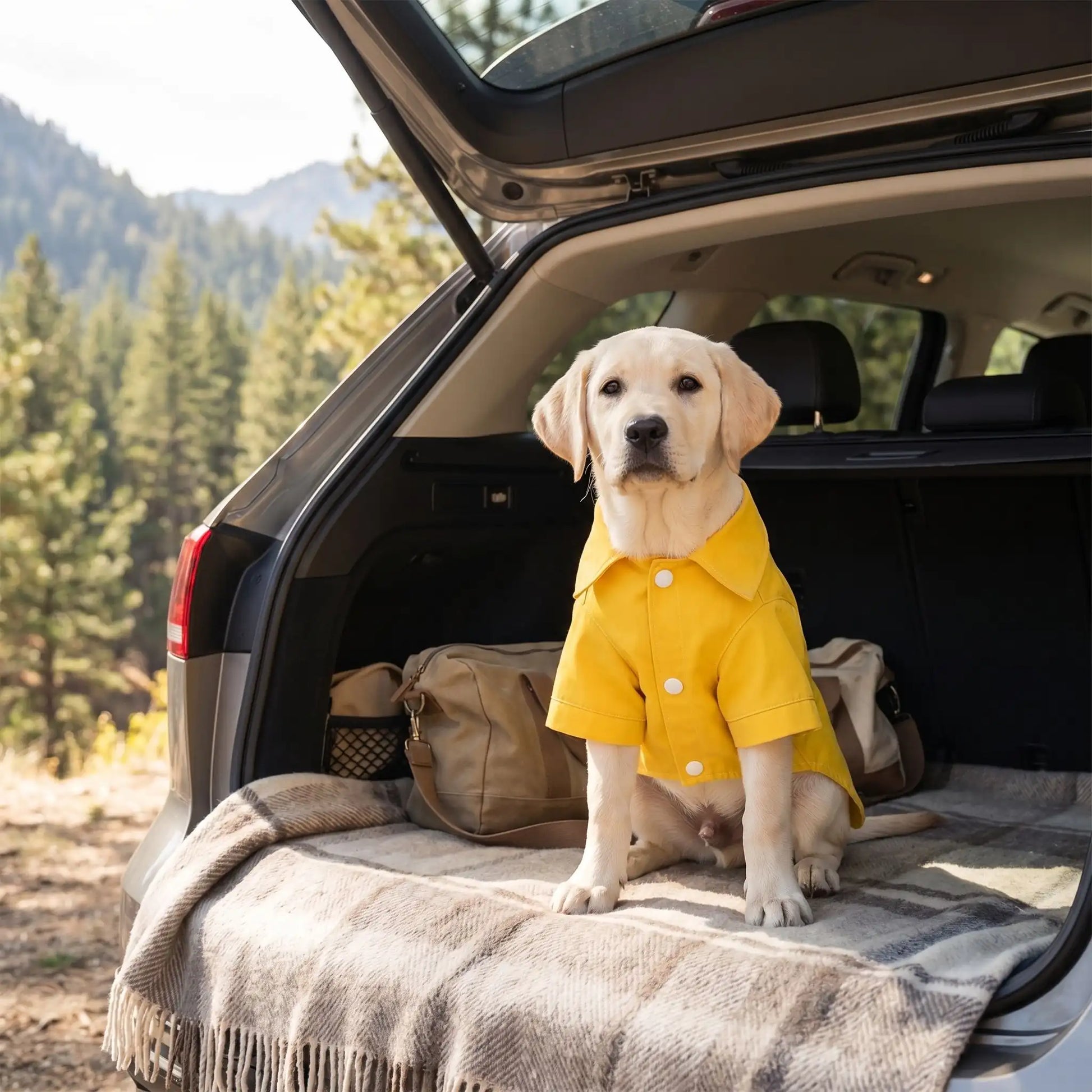 Chiot Labrador portant le manteau en jean jaune Billie, assis confortablement sur une couverture dans le coffre ouvert d'une voiture lors d'une sortie en forêt.