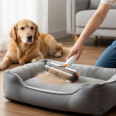 Nettoyage de poils de chien sur textile avec la brosse magique Pitou et moi, idéal pour paniers et canapés.