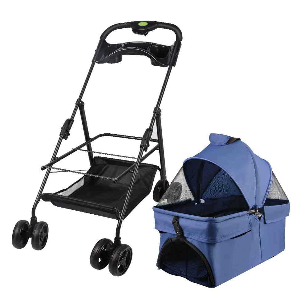 Châssis de poussette pour chien bleue pliable à côté de son panier de transport amovible avec auvent, illustrant la fonction 2-en-1 du modèle Chléo