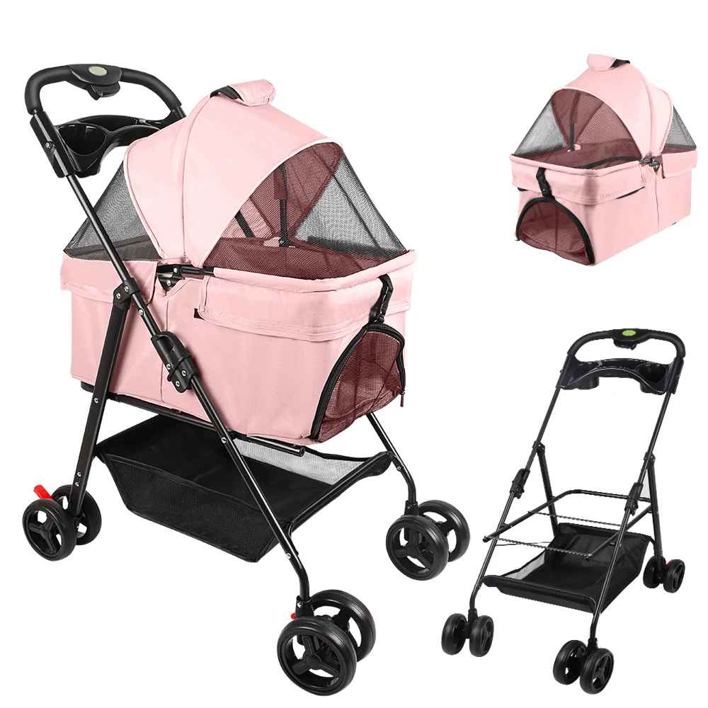 Poussette pour chien 2-en-1 Chléo rose montrant le panier amovible, le châssis pliable noir et la configuration complète avec porte-gobelet.