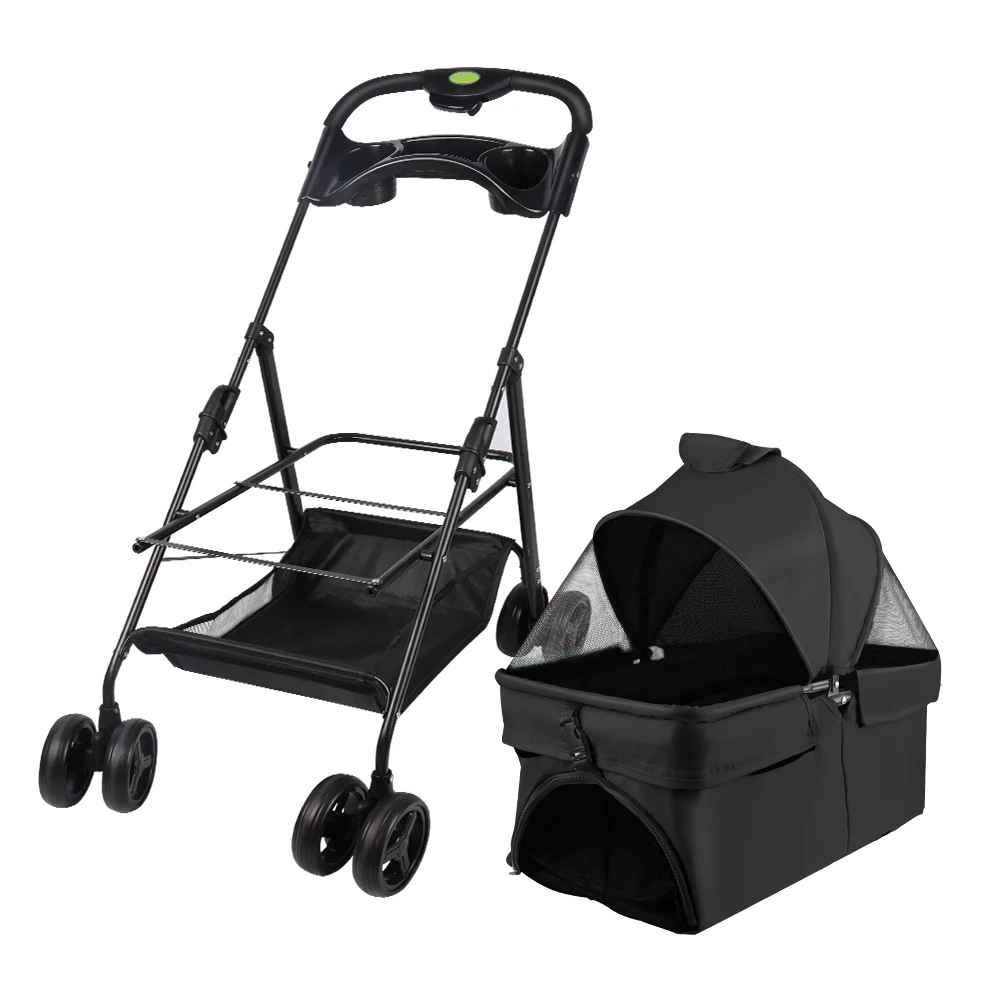 Châssis de poussette pour chien noir pliable à côté de son panier de transport amovible avec auvent, illustrant la fonction 2-en-1 du modèle Chléo.