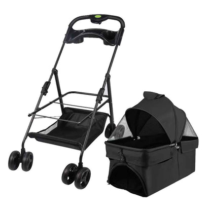 Châssis de poussette pour chien noir pliable à côté de son panier de transport amovible avec auvent, illustrant la fonction 2-en-1 du modèle Chléo.