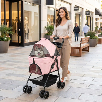 Femme souriante promenant un chien de type Husky dans une poussette pour chien rose 2-en-1 Chléo en centre-ville.