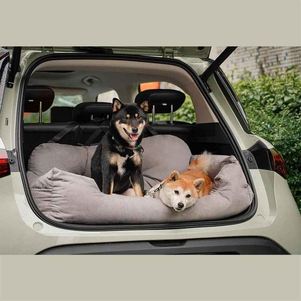 Deux chiens Shiba Inu installés dans une housse de siège auto grise Cloud de Pitou et moi, placée dans le coffre ouvert d'une voiture.
