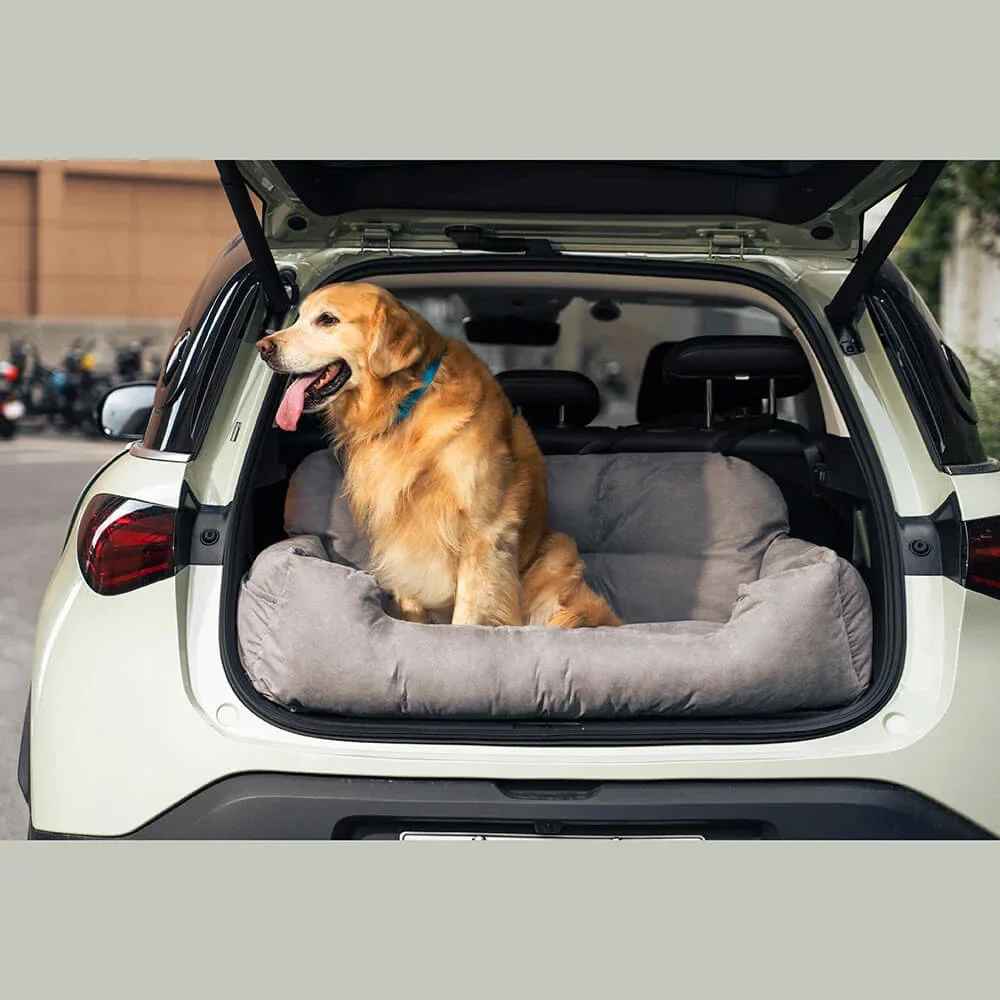 Chien Golden Retriever assis dans une housse de siège auto grise Cloud de Pitou et moi, installée dans le coffre d'un SUV.
