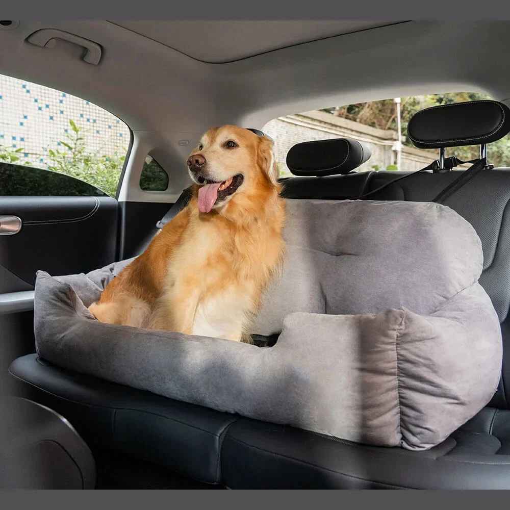 Chien de race Golden Retriever installé confortablement dans une housse de siège de voiture grise de la marque Pitou et moi.