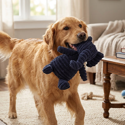 Chien Golden Retriever portant la peluche éléphant bleu marine en velours côtelé de la collection La Peluche de Pitou.