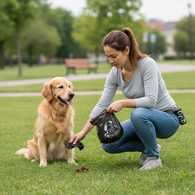 Femme accroupie dans un parc ramassant les déjections de son Golden Retriever avec un sac à crotte noir résistant Pitou et moi.