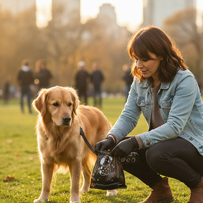 Propriétaire de chien utilisant un sac à crotte noir résistant pour Golden Retriever, accessoire de promenade indispensable Pitou et moi.