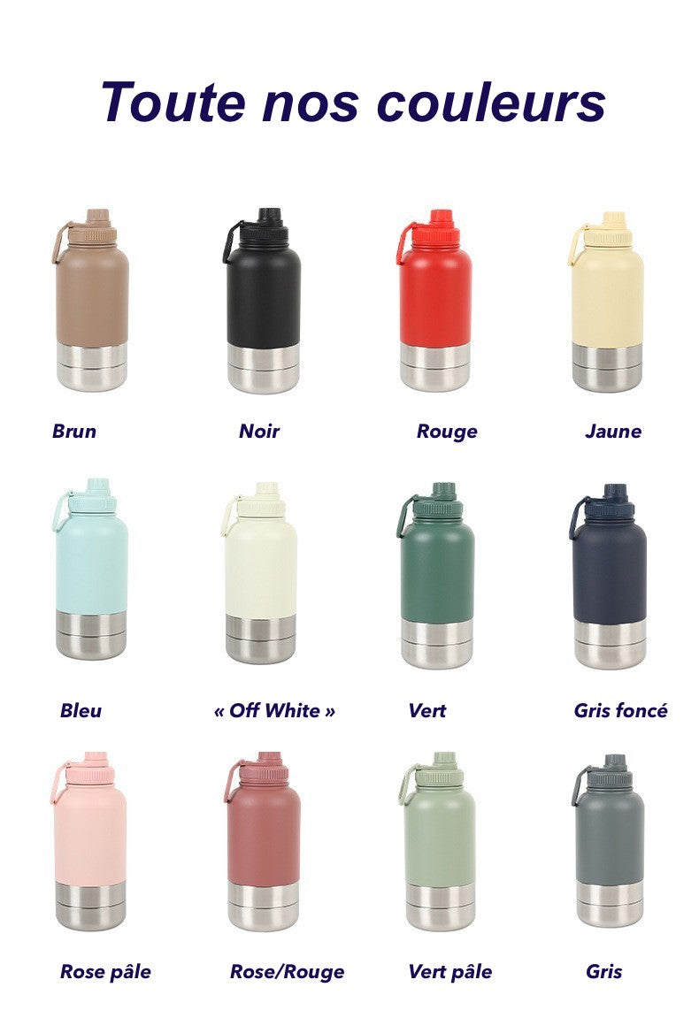 Nuancier des 12 coloris disponibles pour la gourde pour chien La Rafraîchissante : Brun, Noir, Rouge, Jaune, Bleu, Off White, Vert, Gris foncé, Rose pâle, Rose/Rouge, Vert pâle et Gris.