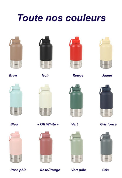 Nuancier des 12 coloris disponibles pour la gourde pour chien La Rafraîchissante : Brun, Noir, Rouge, Jaune, Bleu, Off White, Vert, Gris foncé, Rose pâle, Rose/Rouge, Vert pâle et Gris.