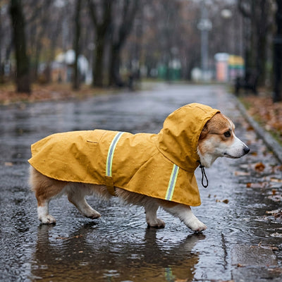 Petit chien Corgi marchant dans une flaque d'eau avec le manteau imperméable Juliette jaune, doté d'une capuche et de bandes réfléchissantes pour la sécurité.