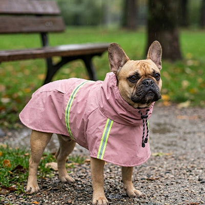 Petit bouledogue français portant le manteau imperméable Juliette rose pâle, avec col ajustable et bandes réfléchissantes, assis dans un parc.