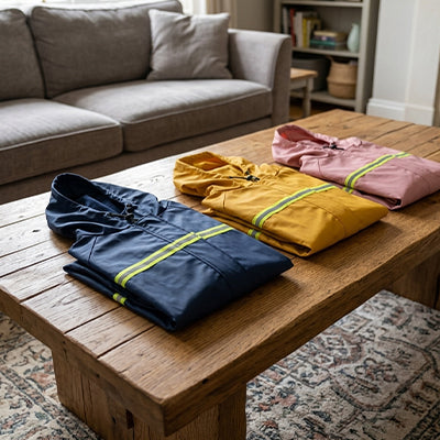 Trois manteaux imperméables pour chien Juliette (bleu marine, jaune et rose) pliés sur une table en bois, mettant en avant les différentes options de couleurs et les bandes réfléchissantes.