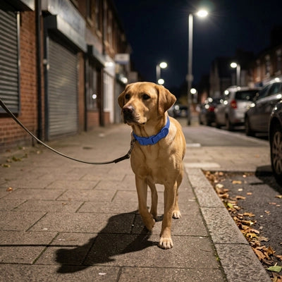 Chien de type Labrador marron portant le collier en PVC bleu ajustable Kieran de Pitou et moi, tenu en laisse lors d'une promenade nocturne en ville.