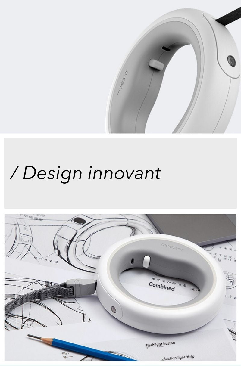 Laisse pour chien au design futuriste et minimaliste, accessoire de promenade haut de gamme, concept de laisse enrouleur circulaire pour poignet, boutique Pitou et moi.