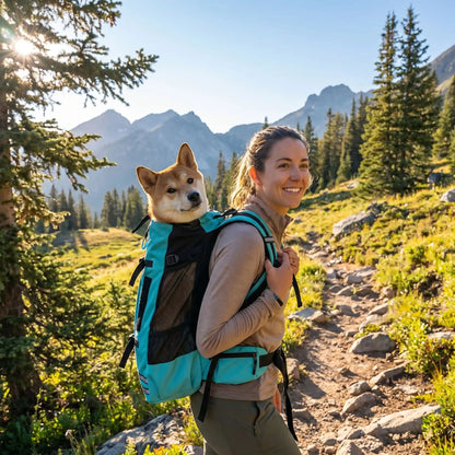 Femme souriante en randonnée portant un chien Shiba Inu dans le sac à dos de transport ergonomique bleu L'inséparable, paysage de montagne en arrière-plan.
