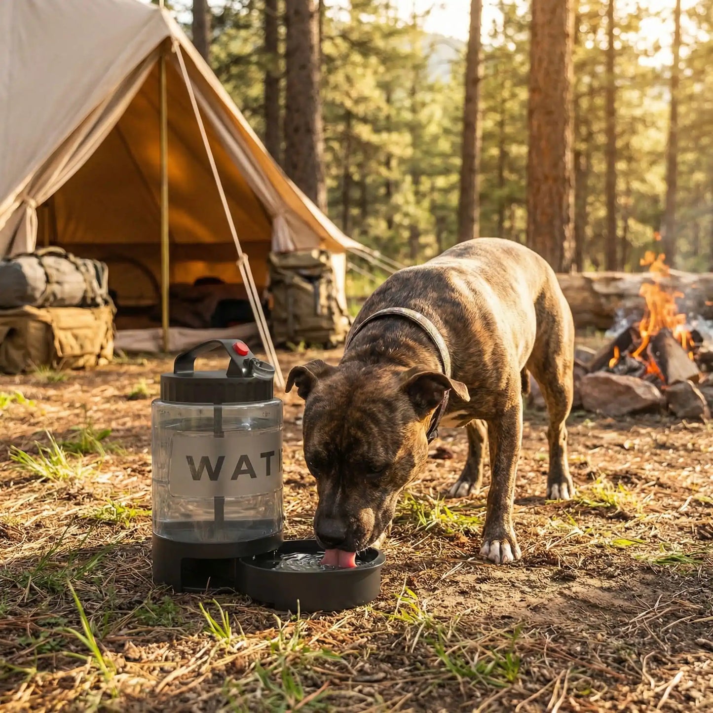 Chien de race Staffy buvant de l'eau dans le socle d'une grande gourde de 2,2 litres La Meute, installée sur un campement de forêt avec une tente et un feu de camp en arrière-plan.