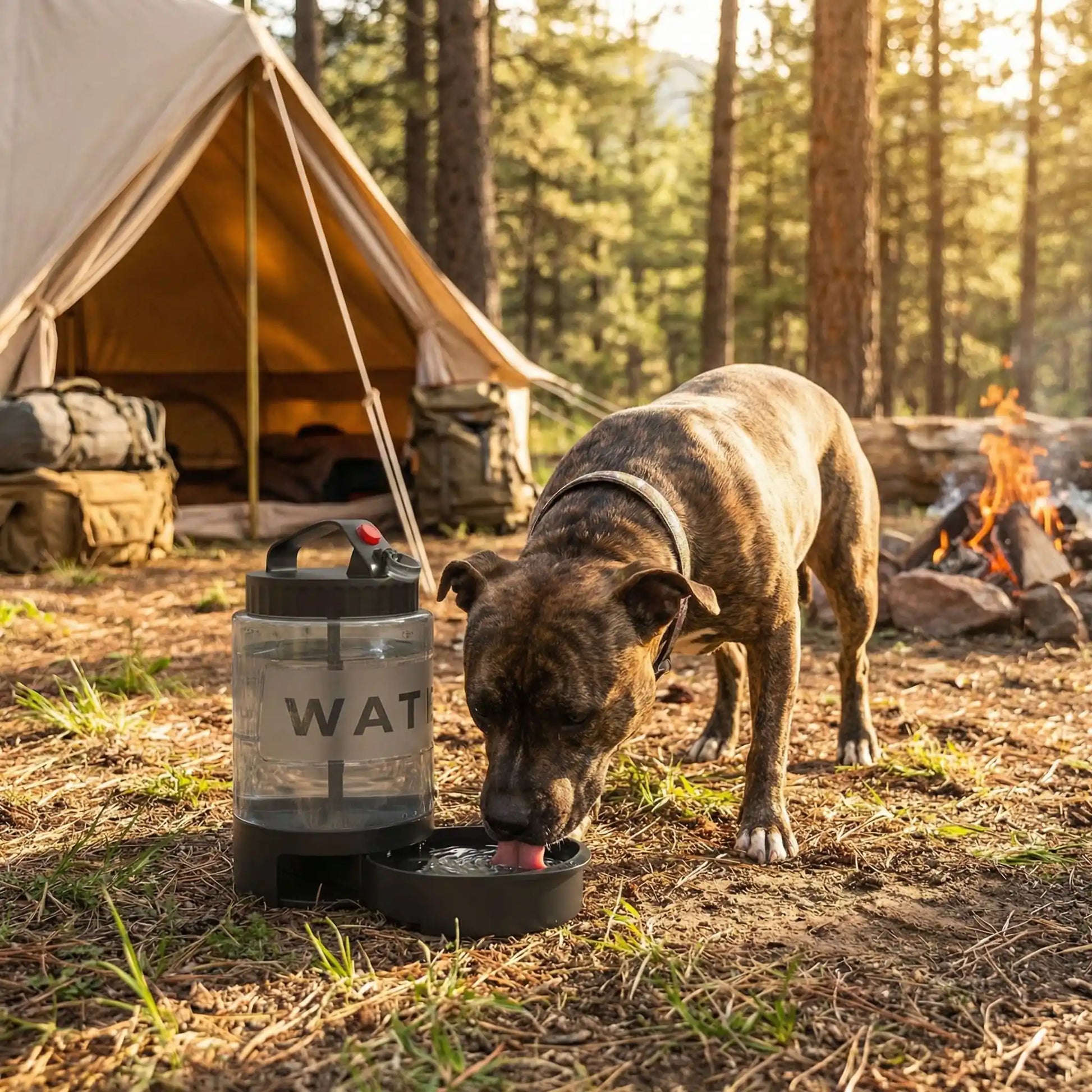 Chien de race Staffy buvant de l'eau dans le socle d'une grande gourde de 2,2 litres La Meute, installée sur un campement de forêt avec une tente et un feu de camp en arrière-plan.