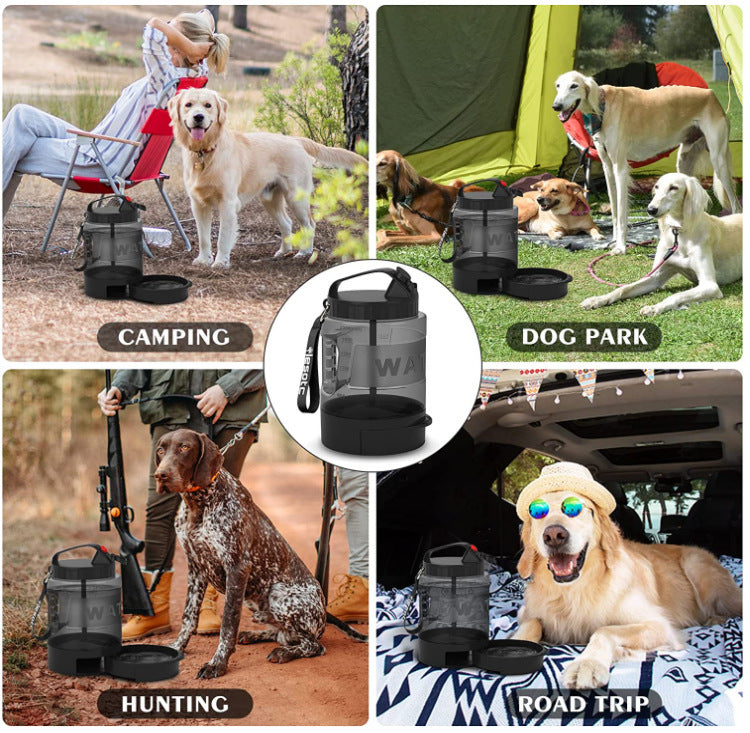 Montage photo montrant la gourde pour chien La Meute de 2,2L utilisée dans quatre situations : camping avec un Golden Retriever, parc canin avec des lévriers, chasse avec un Braque allemand et voyage en voiture (road trip).