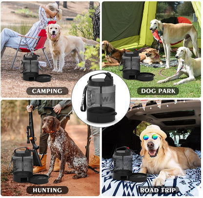 Montage photo montrant la gourde pour chien La Meute de 2,2L utilisée dans quatre situations : camping avec un Golden Retriever, parc canin avec des lévriers, chasse avec un Braque allemand et voyage en voiture (road trip).