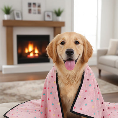 Chien Golden retriever avec la couverture pour chien La doudou en polaire rose