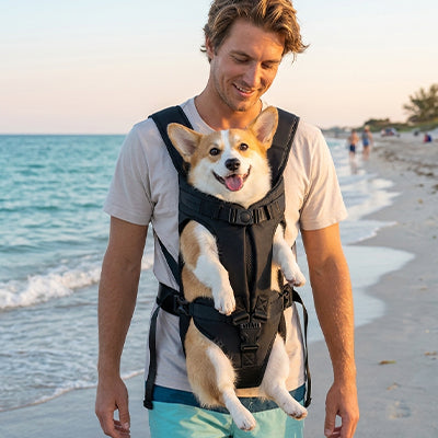 Homme marchant sur une plage avec son chien Corgi dans un sac de transport ventral noir, illustrant l'utilisation du sac pour les vacances et les sorties en plein air.