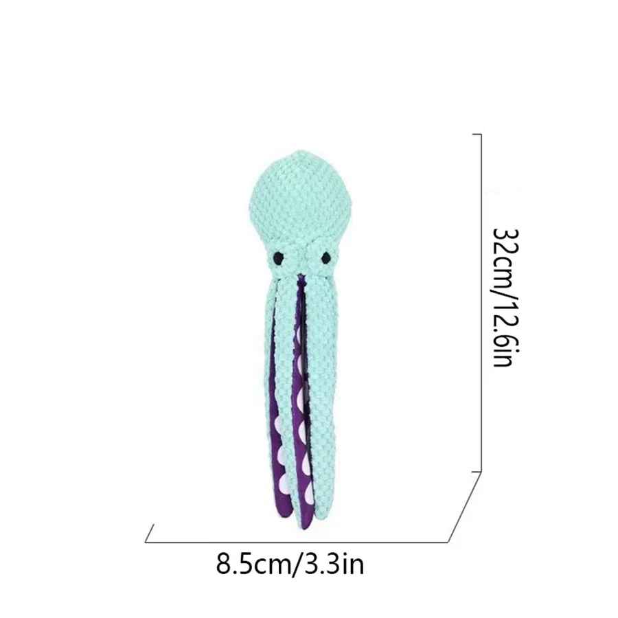Peluche jouet pour chien en forme de poulpe de couleur turquoise et violette avec huit tentacules souples.