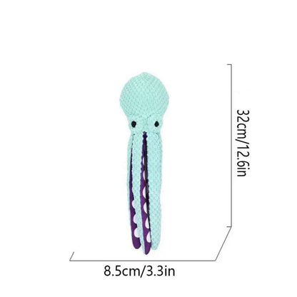 Peluche jouet pour chien en forme de poulpe de couleur turquoise et violette avec huit tentacules souples.