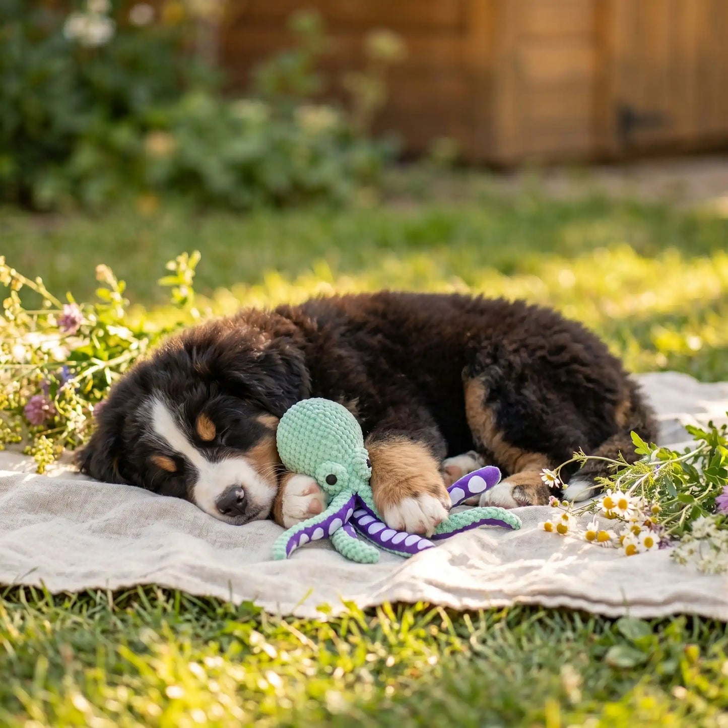 Chiot Bouvier Bernois endormi sur une couverture dans l'herbe, blotti contre son jouet pour chien en forme de poulpe turquoise et violet.