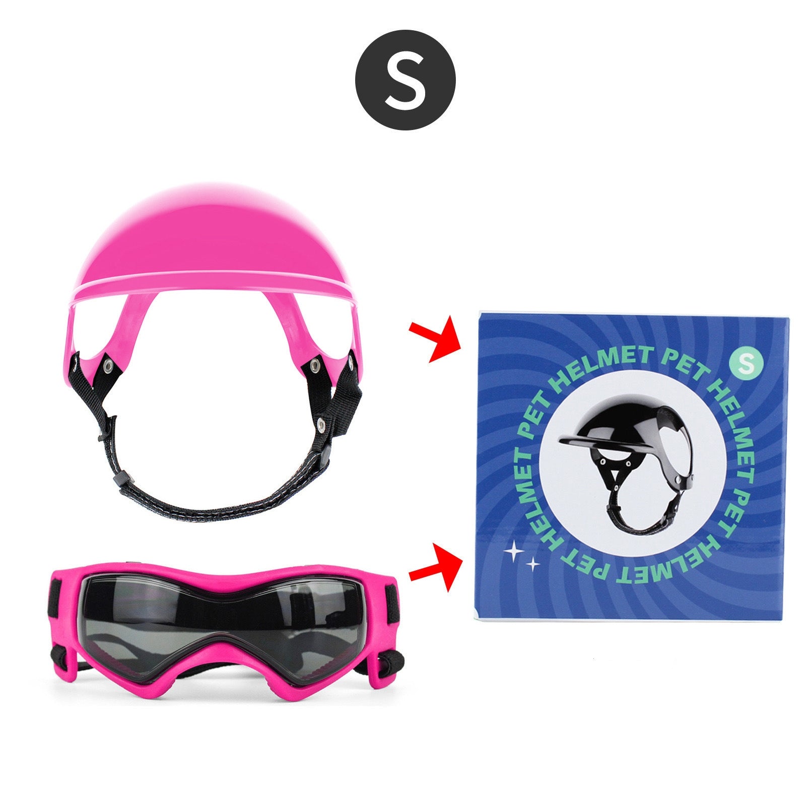 Ensemble de protection Pawtect Duo rose pour chien comprenant un casque de moto avec trous pour les oreilles, des lunettes de soleil de protection et la boîte d'emballage.