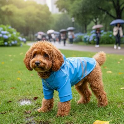 Petit chien brun à poil frisé portant le manteau imperméable bleu Roméo, de profil dans un parc verdoyant sous la pluie