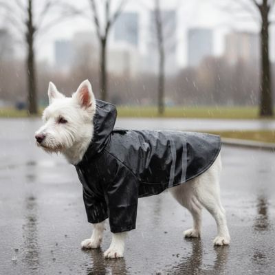 Petit chien blanc (type Westie) portant le manteau imperméable noir Roméo avec capuche, debout de profil sur un sol mouillé en extérieur.