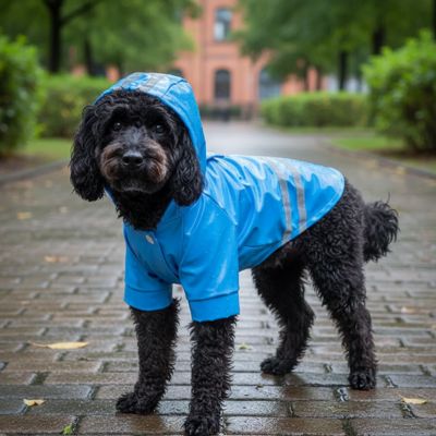 Petit chien noir à poil frisé portant le manteau imperméable bleu Roméo avec capuche, de profil sur un chemin pavé mouillé.