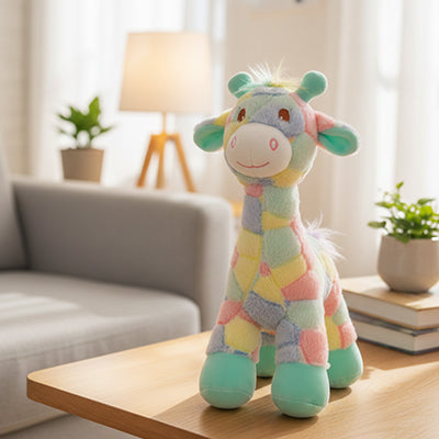 La peluche girafe multicolore et texturée Rosie la Girafe pour chien, posée debout sur une table en bois dans un salon chaleureux.