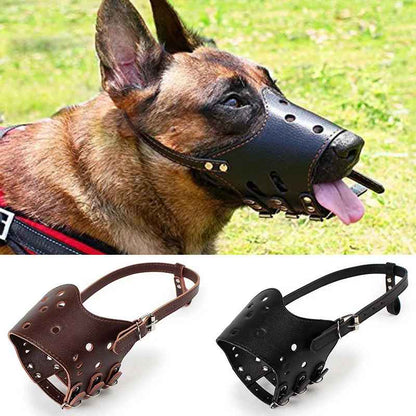 Muselière Muzzle-Flex pour chien en cuir, disponible en noir et marron, protection anti-morsure ajustable et confortable pour chiens de type Berger.