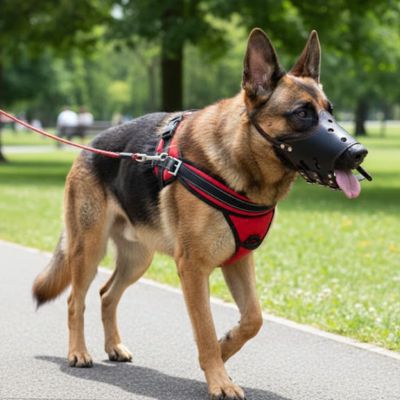 Muselière pour chien Berger Allemand, modèle Muzzle-Flex noir en cuir ajustable pour la promenade et la sécurité.